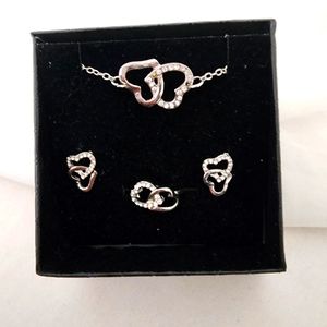 Double Heart Silver Necklace, Ring and Earrings Set NIB